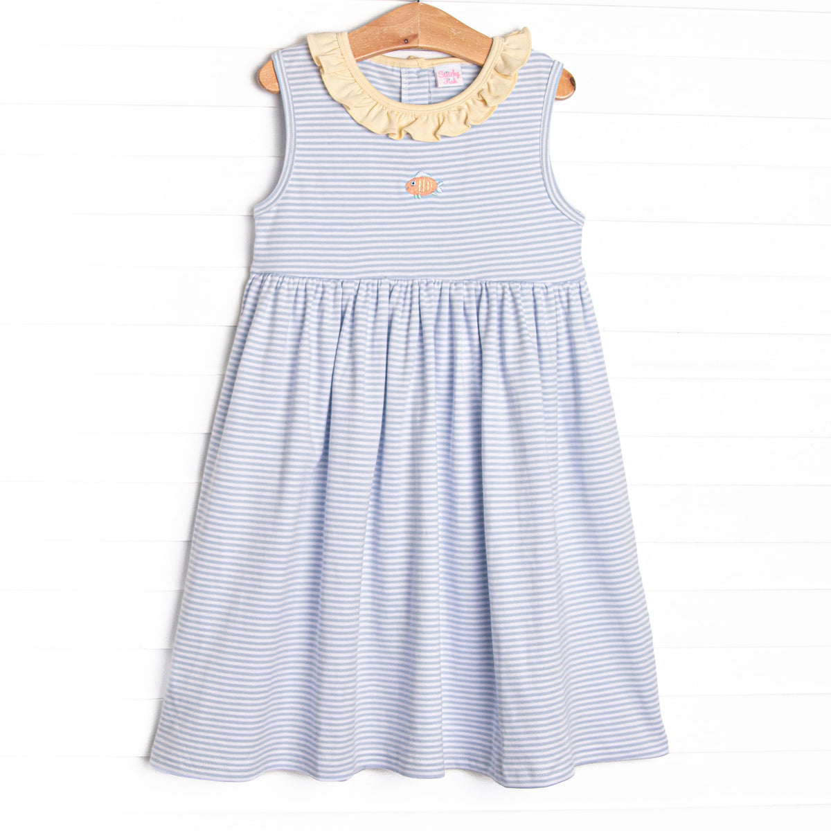Tiny Fins Pima Embroidered Dress, Yellow and Blue Stripe – Stitchy