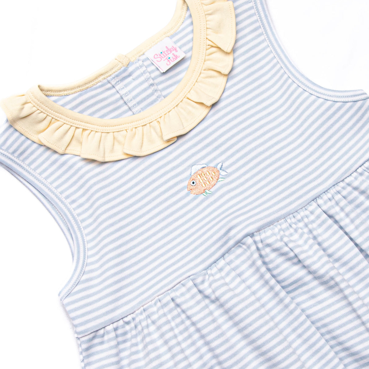 Tiny Fins Pima Embroidered Dress, Yellow and Blue Stripe – Stitchy