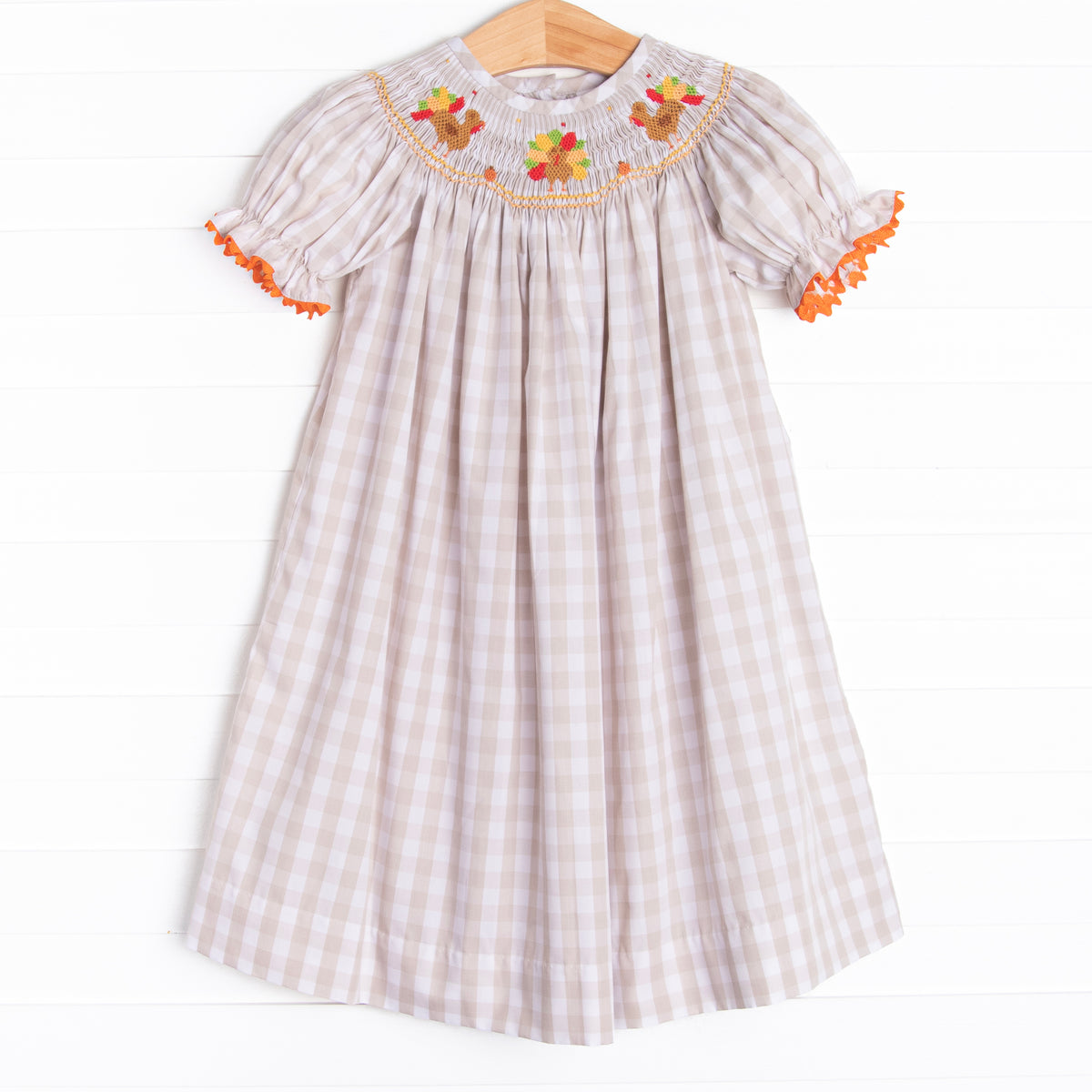 Thanksgiving Tradition Smocked Bishop Dress, Tan