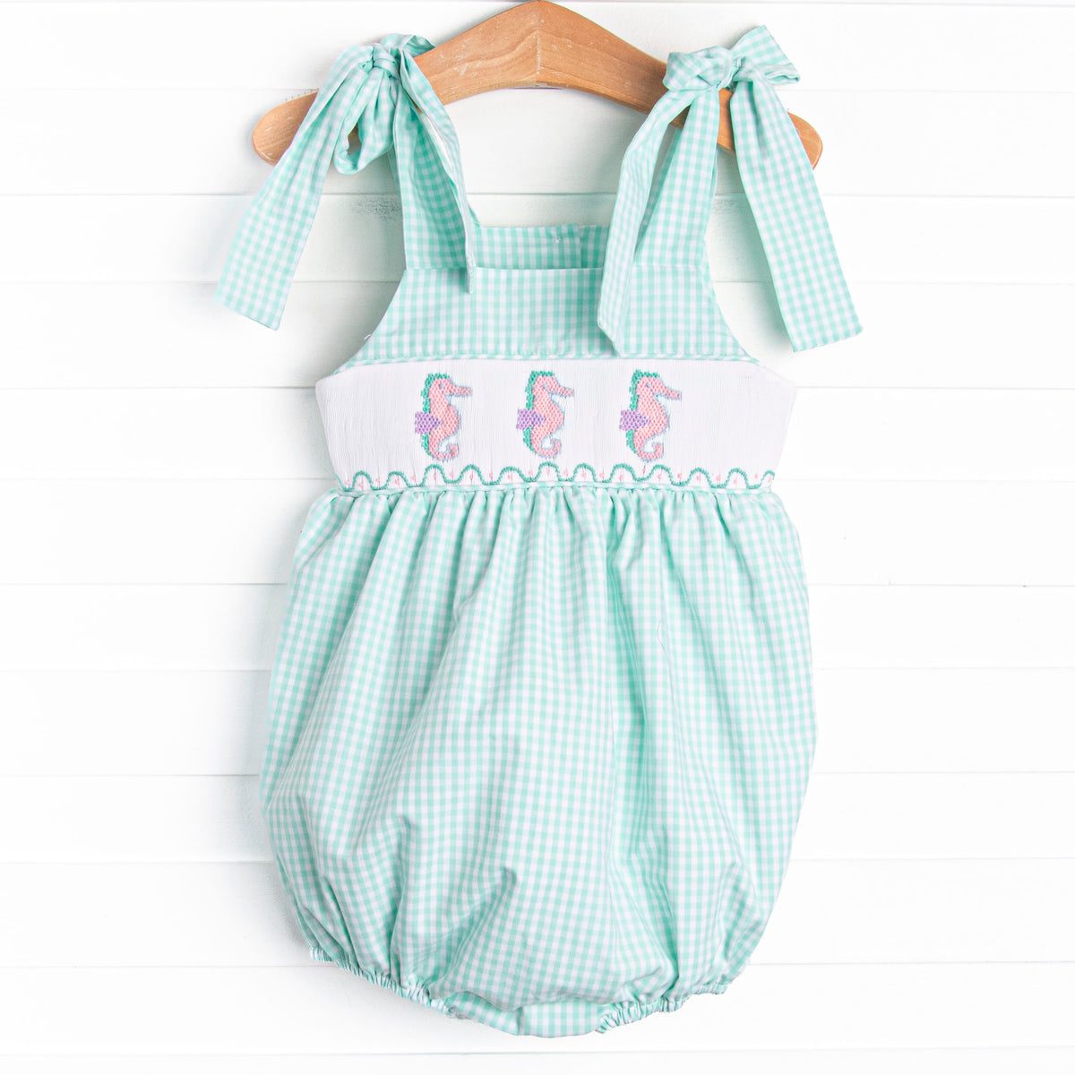 Sea Grass Seahorses Smocked Bubble, Mint