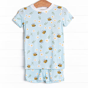 Bumble Bee Blues Bamboo Pajama Short Set, Blue