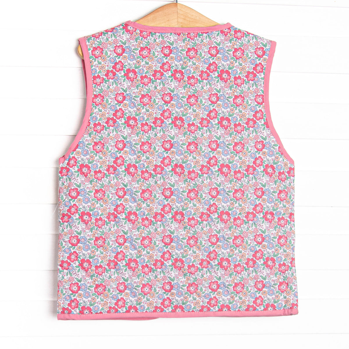 Frills and Florals Reversible Tie Front Ruffle Vest, Medium Pink