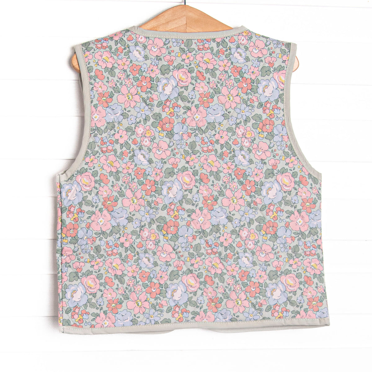 Frills and Florals Reversible Tie Front Ruffle Vest, Sage