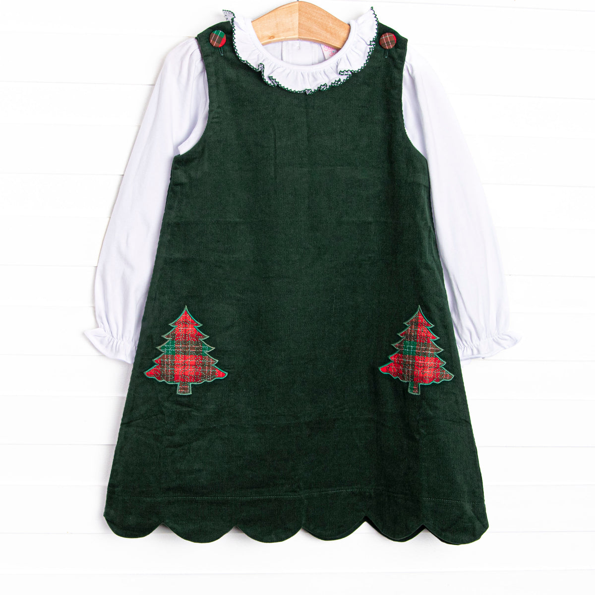 toddler green christmas dress Girl's Tartan Trees Applique Set in size 6 MDW40 Soft and Breathable Devon & Jones DG536 Cỡ:M