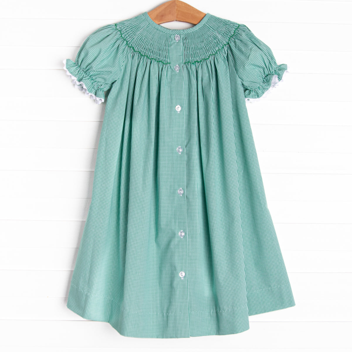 Christmas Tree Trio Smocked Dress, Green Gingham Stitchy Fish Christmas Tree Trio Smocked Dress, Green Gingham Stitchy Fish
