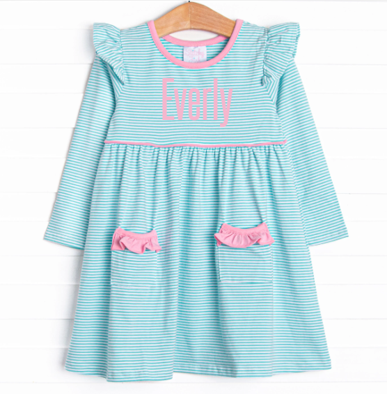 pink and blue long sleeve dress Girl's Everly Mint Stripe in Pink/Mint Stripe size 18M Hand wash cold 0-6 months:10 years Bassett Furniture Kingston Prairie d2