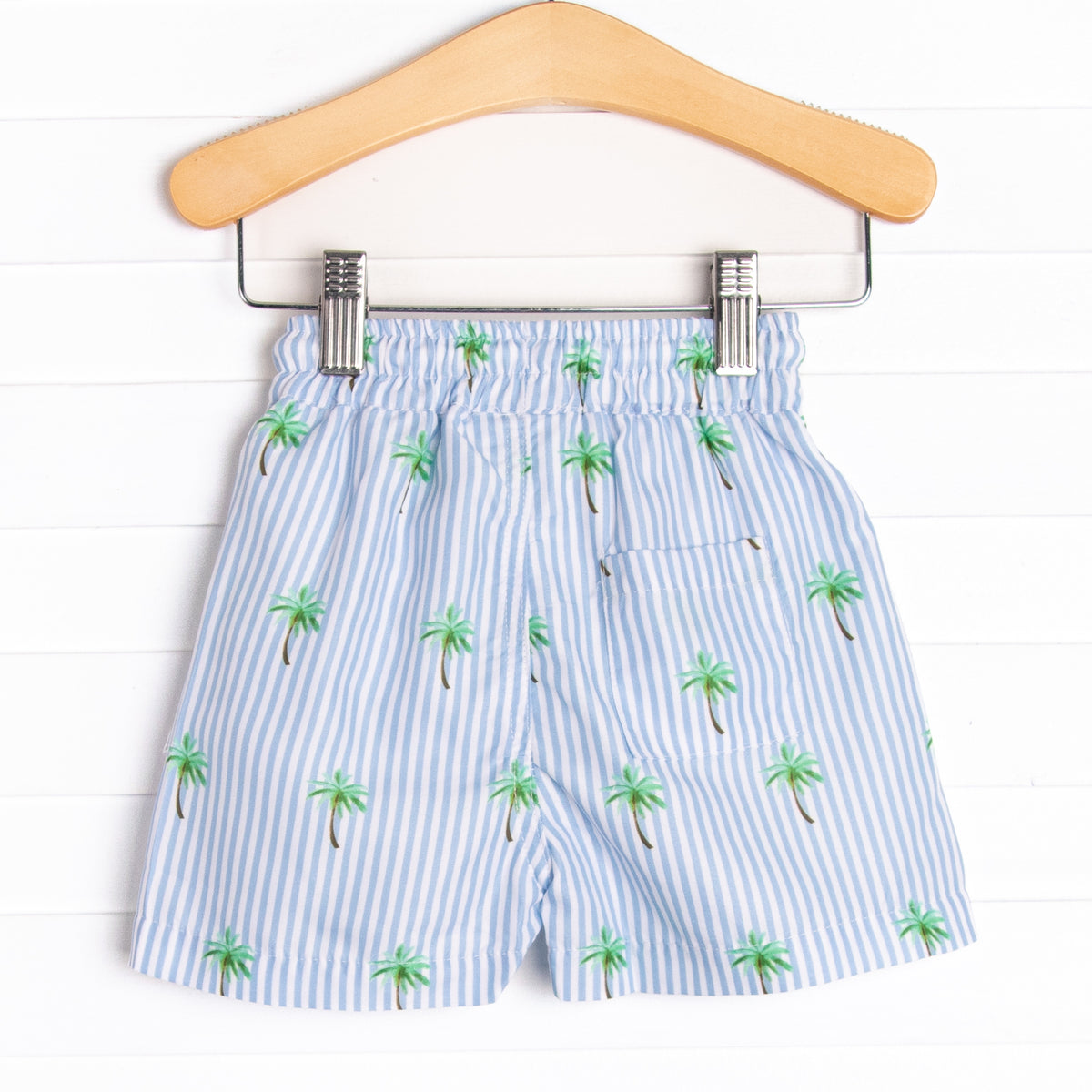Palm Tree Paradise Swim Trunks, Blue Stitchy Fish