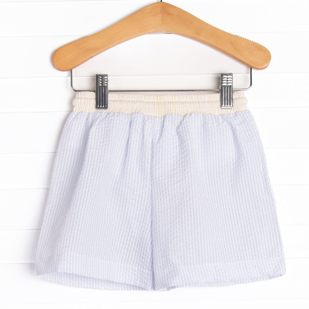 Summer Sails Smocked Swim Trunks, Blue Stitchy Fish