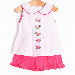 Watermelon Whimsy Embroidered Ruffle Short Set, Pink