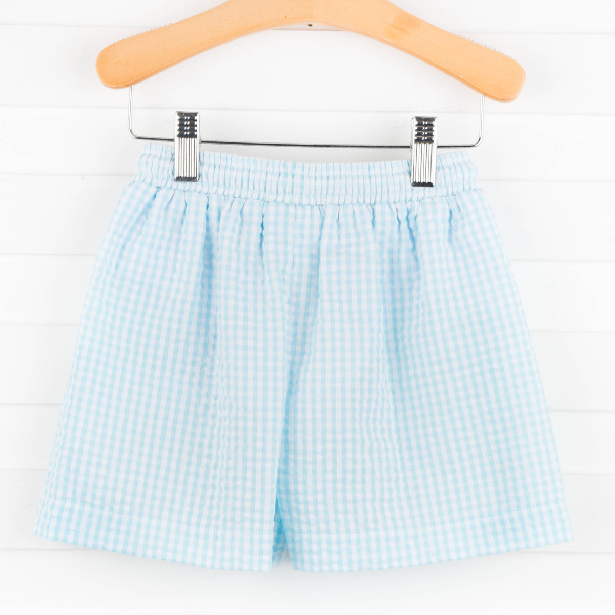 Crabby Critter Smocked Swim Trunks, Blue Stitchy Fish