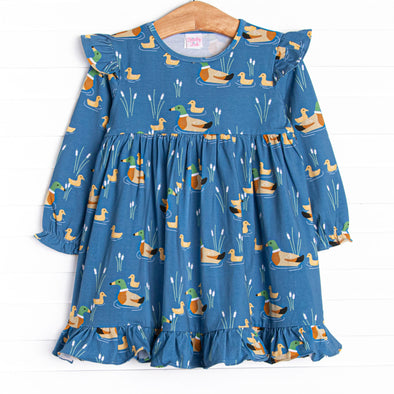 Ducks in a Row Ruffle Dress, Blue