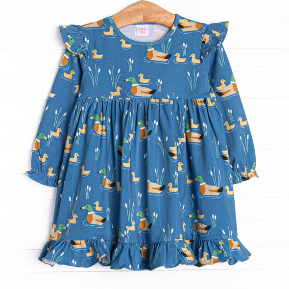 Ducks in a Row Ruffle Dress, Blue