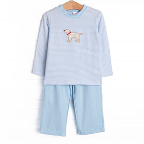 One Lucky Pup Applique Pant Set, Light Blue Stripe