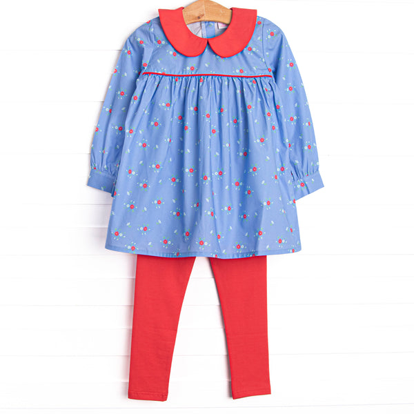This set features a blue floral print, a red piping at chest, and a red peter pan collar. Coordinating red leggings to match.