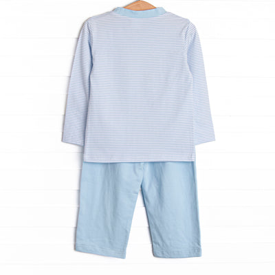 One Lucky Pup Applique Pant Set, Light Blue Stripe