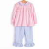 Windowpane Whimsy Ruffle Pant Set, Pink and Blue