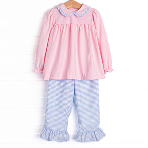 Windowpane Whimsy Ruffle Pant Set, Pink and Blue