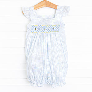 Buzzin' Bees Smocked Bubble Romper, Blue