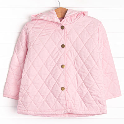  Quilted details, buttons down the front&nbsp;and a cozy hood. 