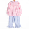Windowpane Whimsy Ruffle Pant Set, Pink and Blue