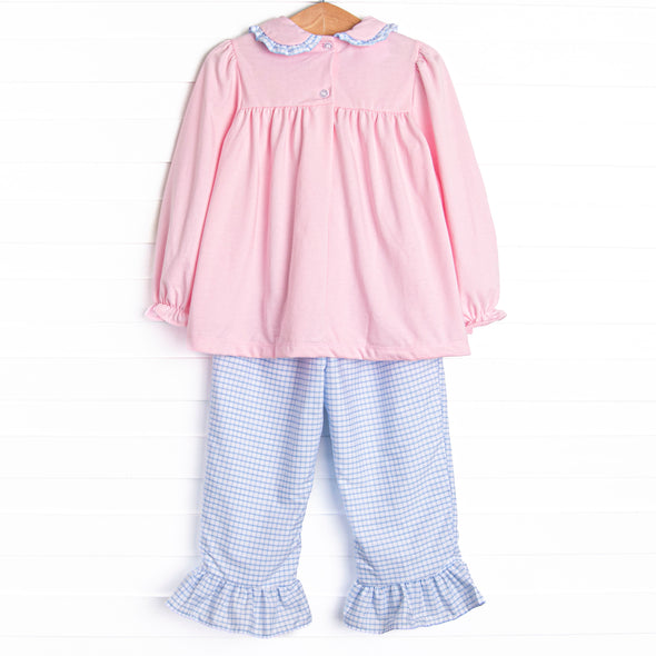 Windowpane Whimsy Ruffle Pant Set, Pink and Blue