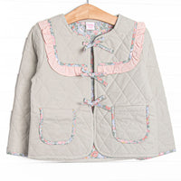 This jacket features sage fabric, floral ruffle trim, a tie front, and front pockets.