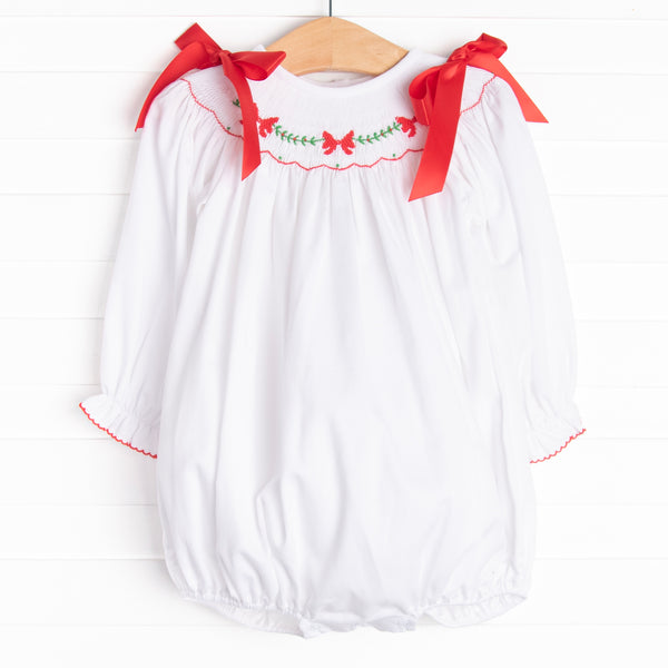 The bubble features the sweetest satin bows on the shoulders, ric rac trim, and the cutest Christmas smocking plate.