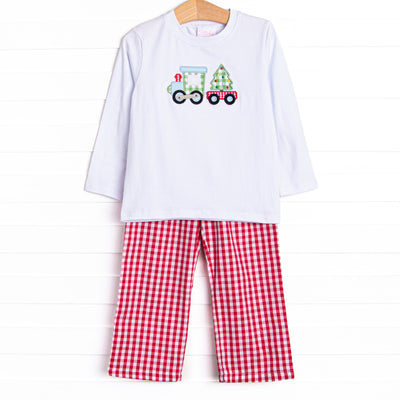  This set features a long sleeve top with Christmas Tree train applique. Coordinating red gingham pants to match. 