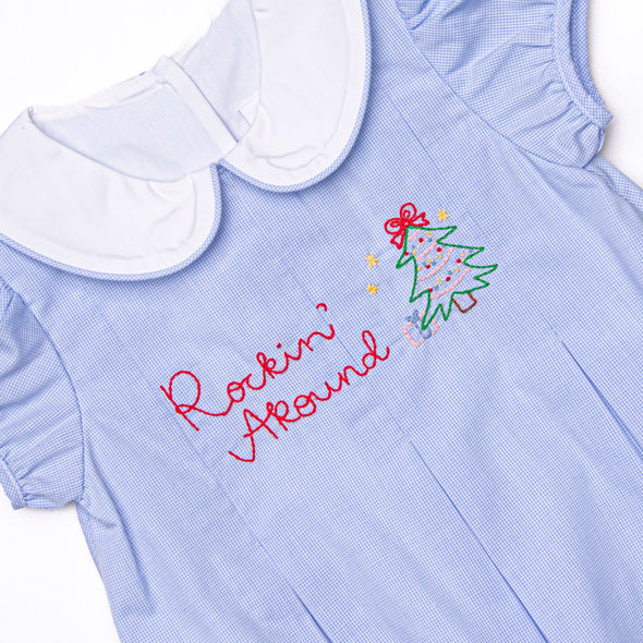 Rockin' Around Embroidered Dress, Blue Gingham