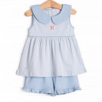 Baseball Pima Embroidered Ruffle Short Set, Blue