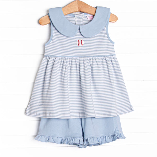 Baseball Pima Embroidered Ruffle Short Set, Blue