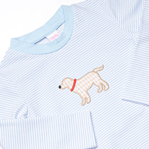 One Lucky Pup Applique Pant Set, Light Blue Stripe