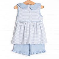 Baseball Pima Embroidered Ruffle Short Set, Blue