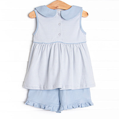 Baseball Pima Embroidered Ruffle Short Set, Blue