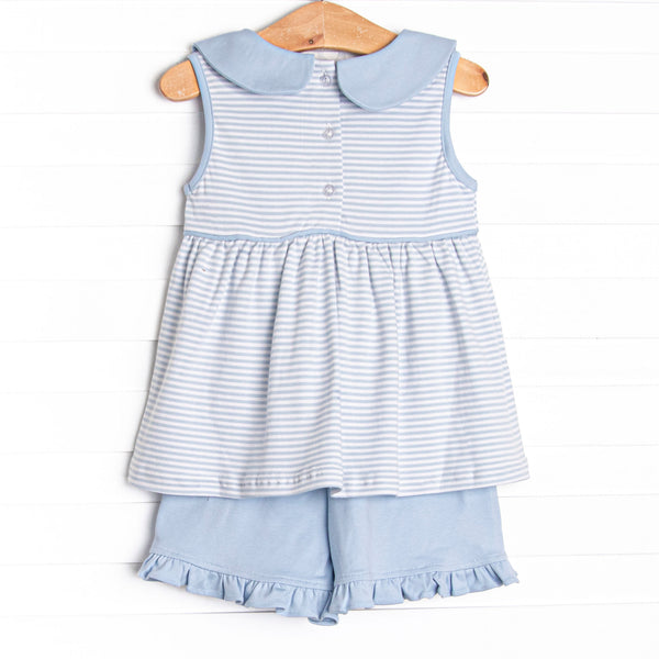 Baseball Pima Embroidered Ruffle Short Set, Blue