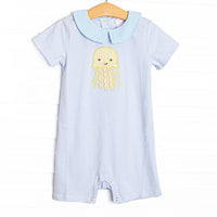 Blue Sea Stinger Applique Short Romper, Blue
