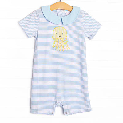 Blue Sea Stinger Applique Short Romper, Blue