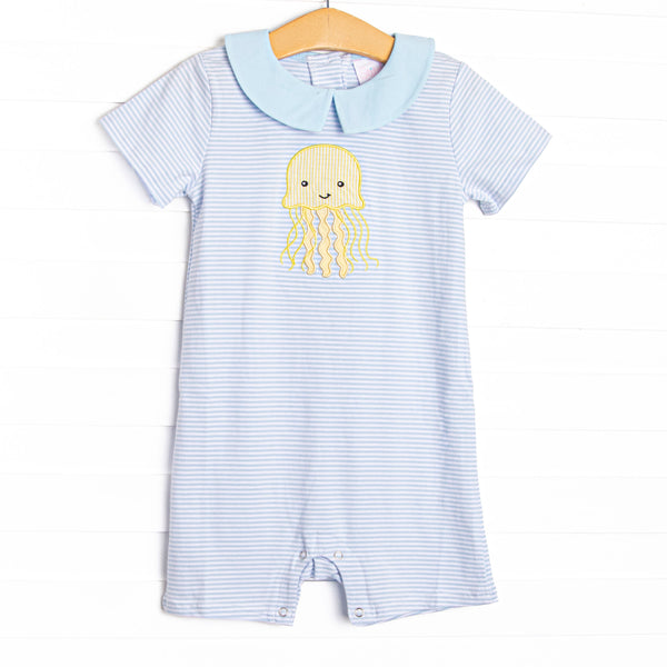 Blue Sea Stinger Applique Short Romper, Blue
