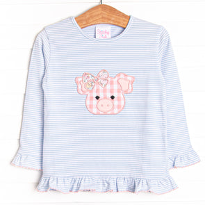 Oink Oink Applique Ruffle Top, Blue