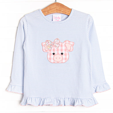 Oink Oink Applique Ruffle Top, Blue