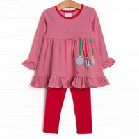This set features a red striped top with&nbsp; ruffle trim and an ornament applique. Coordinating red knit leggings to match.