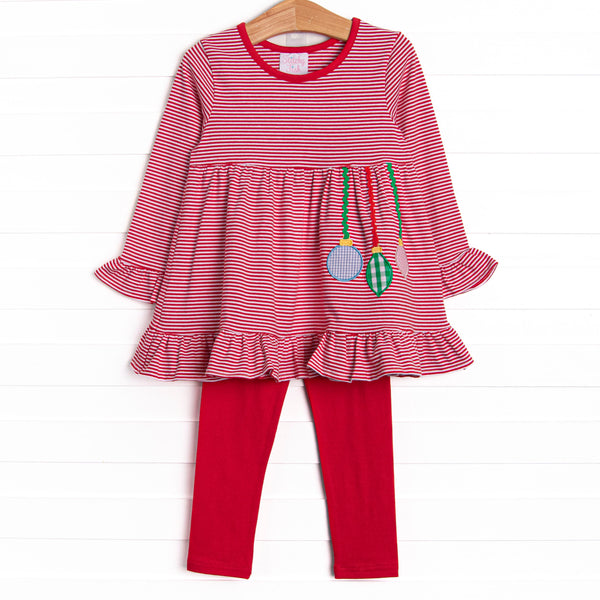 This set features a red striped top with&nbsp; ruffle trim and an ornament applique. Coordinating red knit leggings to match.