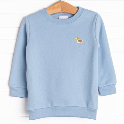 French Terry light blue sweatshirt with the cutest duck embroidery.