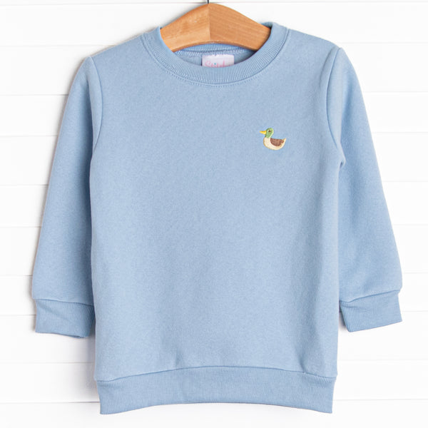 French Terry light blue sweatshirt with the cutest duck embroidery.