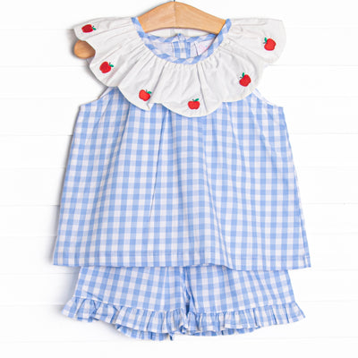 Addison Apple Embroidered Ruffle Short Set, Blue