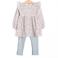 This set features a blue floral print, eyelet lace trim, and blue leggings to match.