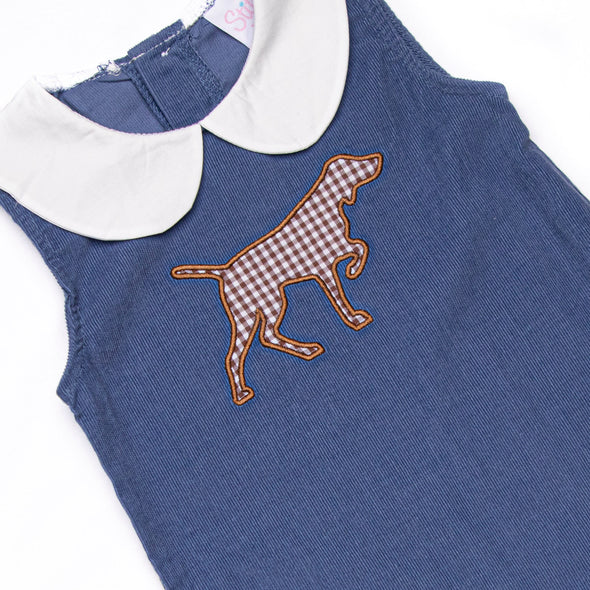 Pointer Pup Applique Long Jon Jon, Navy Corduroy