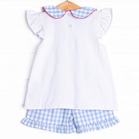 Ally Apple Embroidered Ruffle Short Set, Blue