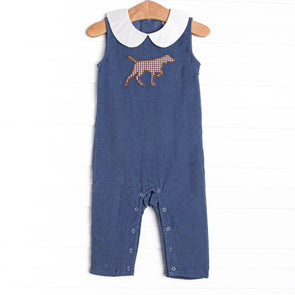 Pointer Pup Applique Long Jon Jon, Navy Corduroy