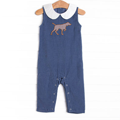 Pointer Pup Applique Long Jon Jon, Navy Corduroy